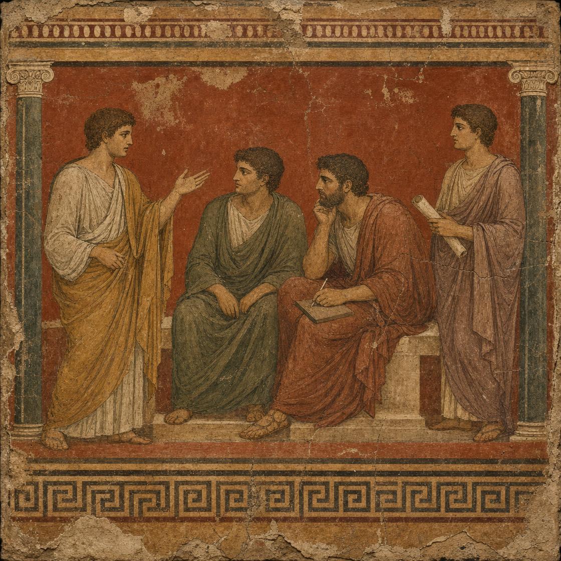 A Hellenistic fresco of four robed Greek figures in council, one taking notes on a wax tablet