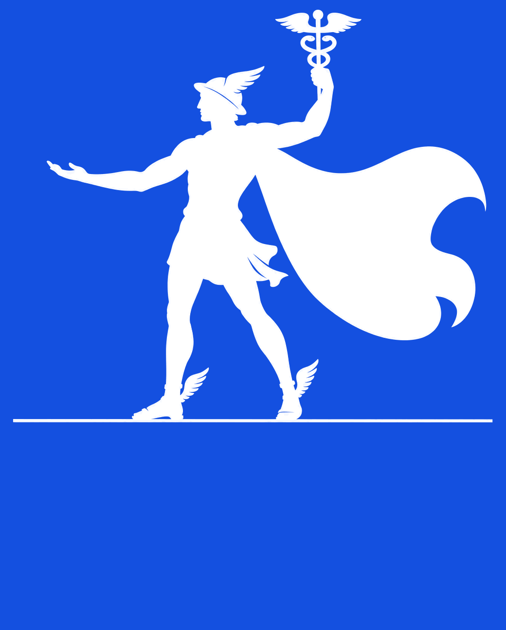 Silhouette of Hermes, the Greek messenger god, raising a caduceus